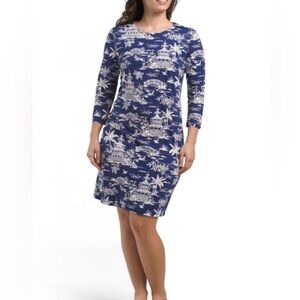J. McLaughlin Sophia Dress Tongsai Palms Print 3/4 Sleeve Navy/White-Small-NWT